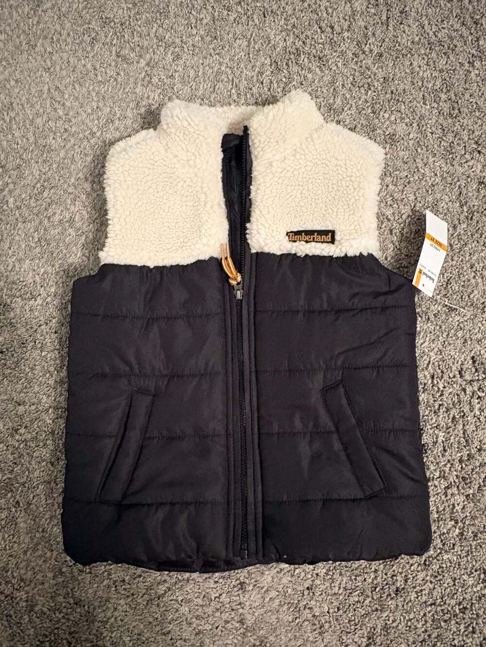 Timberland Puffer Vest Size 3T Black Cream Sherpa Fleece